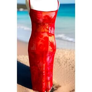 Y2K 90s Maxi Dress Mesh See through Hawaiian Red NECESSARY Objects Bodycon
